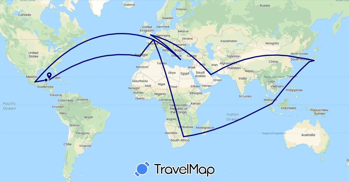 TravelMap itinerary: driving in France, United Kingdom, Greece, Japan, South Korea, Mexico, Portugal, Qatar, Singapore, South Africa (Africa, Asia, Europe, North America)